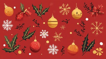 Poster - Simple Christmas card with festive icons like holly leaves, snowflakes, and ornaments on a warm red background.