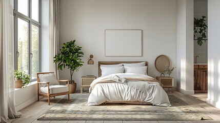 Top down view of guest room with a comfortable bed armchair and bedside table modern and minimalistic decor white isolated background