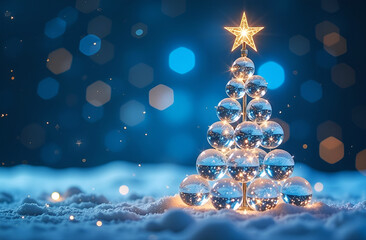 Wall Mural - christmas tree made of glass balls and a shining star on the top. blue background with bokeh and sno