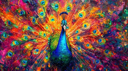 Wall Mural -   A vibrant depiction of a peacock with its back feathers spread out in an array of brilliant colors