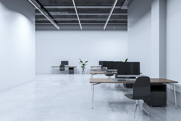 Wall Mural - Minimalistic coworking office interior with furniture and mock up place on wall. 3D Rendering.