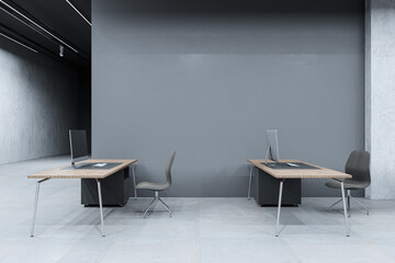 Poster - Clean coworking office interior with furniture and mock up place on wall. 3D Rendering.