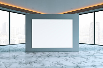 Aufkleber - New interior with empty white mock up banner, panoramic windows, city view and daylight. 3D Rendering.