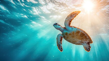 Wall Mural -   A sea turtle swims in the ocean with sunlight on its back and head above water