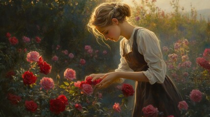 Poster - A Woman in a White Blouse and Brown Skirt Admires a Rose Garden