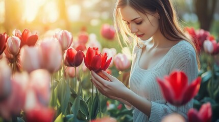 Poster - Woman admiring a red tulip in a field of tulips