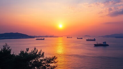 Wall Mural - A beautiful sunset view from the coastal city of Incheon, with ships sailing in the distance.