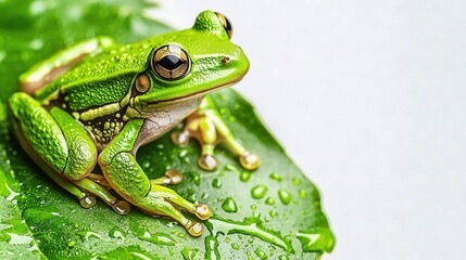 Sticker -   A close-up image of a frog on a leaf with droplets of water on its surface against a white background