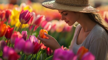 Wall Mural - Woman in Straw Hat Admiring an Orange Tulip in a Field of Colorful Tulips