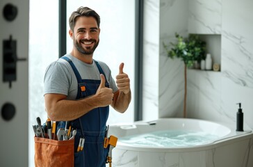 Happy plumber in blue overalls giving thumbs up in modern bathroom interior with tools in apron and stylish bathtub