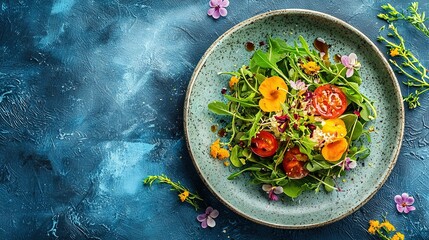 Sticker -   A blue tablecloth features a green plate with a colorful salad