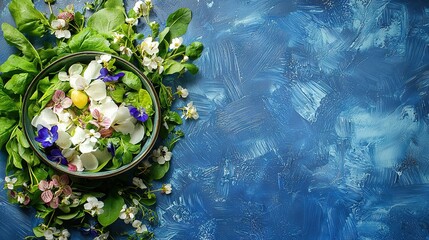 Sticker -  Blue-and-white tablecloth adorned with a bowl of flowers and leaf decorations on a blue background surface