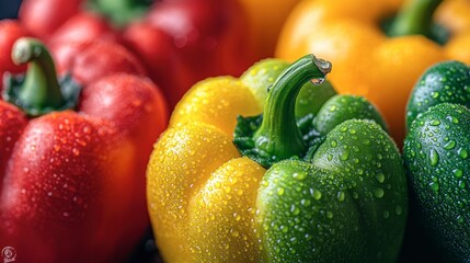 A close-up of a colorful bell pepper variety with droplets of water on their surface, highlighting their freshness and appeal.