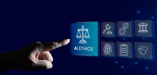 AI ethics or AI Law concept. Developing AI codes of ethics. Compliance, regulation, standard , business policy and responsibility for guarding against unintended bias in machine learning algorithms.