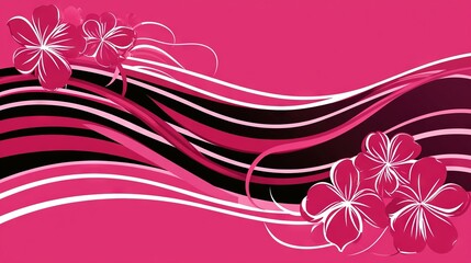 Sticker -   A detailed portrait featuring a pink and black backdrop adorned with blossoms, atop flowing waves of pink and black tresses