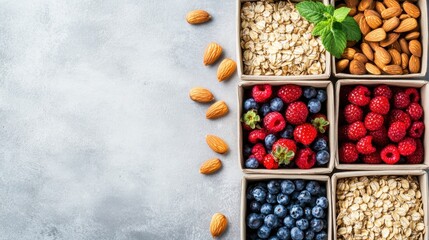 Top view of breakfast boxes filled with nutritious foods like oatmeal, berries, and almonds, offering a balanced meal and space for text.