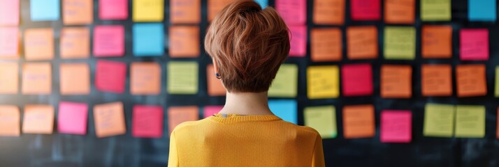 A woman wearing a yellow sweater standing in front of a wall covered with colorful sticky notes, focused on brainstorming ideas and planning.