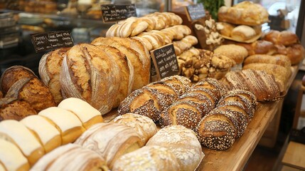 Wall Mural -   A range of breads and pastries are showcased in a bakery display case alongside other baked goods