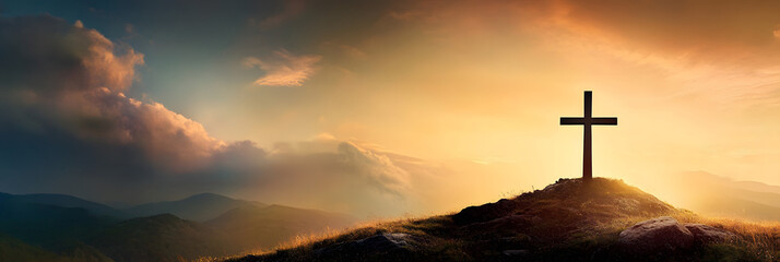 Shining cross on Calvary hill, sunrise, sunset sky background. Copy space. Ascension day concept. Christian Easter. Faith in Jesus Christ. Christianity. Church worship, salvation concept.