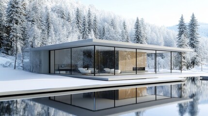 Poster - Modern Glass House with Snowy Forest Reflection in a Pond