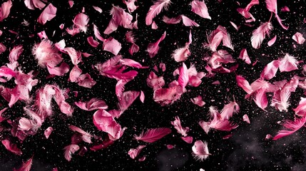 Wall Mural -   Pink feathers float in the sky against a black background, adorned with twinkling stars