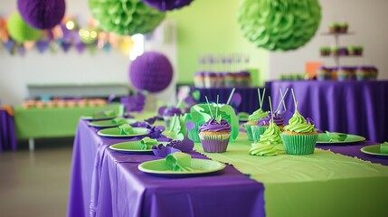 Sticker -  A table topped with numerous cupcakes, each covered in green or purple iced frosting