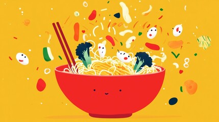 A lively cartoon of a noodle bowl with happy vegetables dancing around it, with chopsticks ready to dig in.