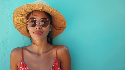 Wall Mural - Woman in straw hat and sunglasses against turquoise background