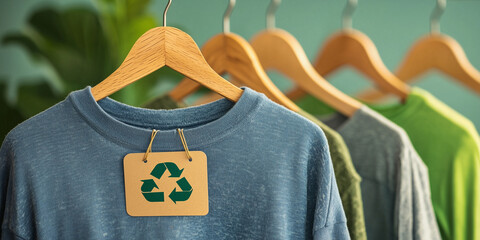 A blue sweater with a recycled symbol tag hanging on a wooden hanger, displayed alongside other neutral and green-toned garments, promoting sustainable and eco-friendly fashion.