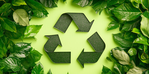 A recycle symbol surrounded by vibrant green leaves on a light green background, promoting sustainability and environmental awareness.