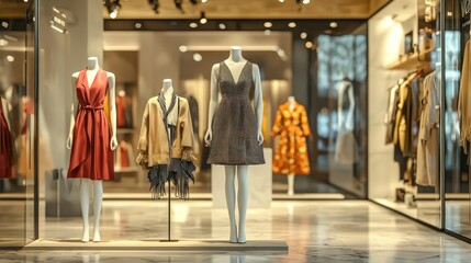 a fashion showroom with elegant clothing and accessories showcased on mannequins.