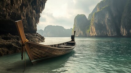 Wall Mural - A traditional Thai long-tail boat anchored on the shores of Koh Phi Phi, with stunning cliffs in the background.