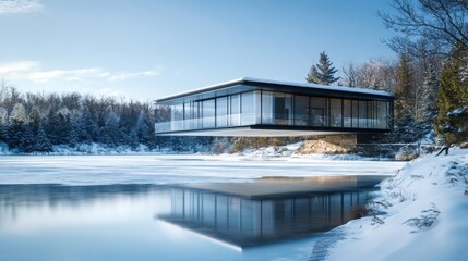 Poster - Modern Glass House Overlooking Frozen Lake in Winter