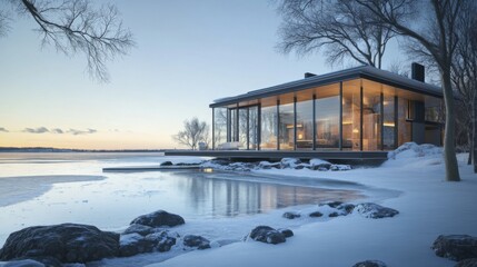 Wall Mural - Modern Glass House on a Frozen Lake at Dusk