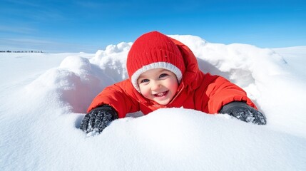 Canvas Print - A child in a red coat playing with snow on the ground, AI