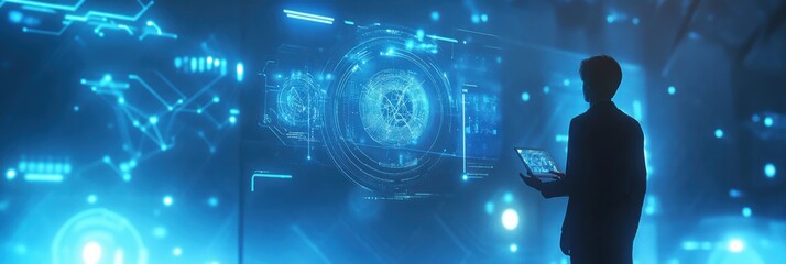 Aufkleber - A professional engages with floating holographic data and neural networks in a futuristic office environment during the evening. Generative AI