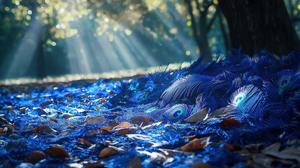 Sticker -   A pair of peacock feathers resting atop a pile of blue tinsel near a dense woodland