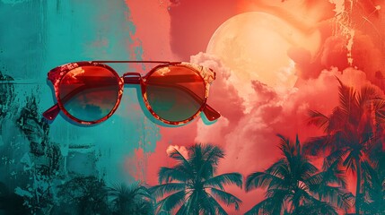 Wall Mural - Retro summer collage a vintage aesthetic featuring oversized sunglasses tropical palm trees and a vibrant sunset in coral and blue hues