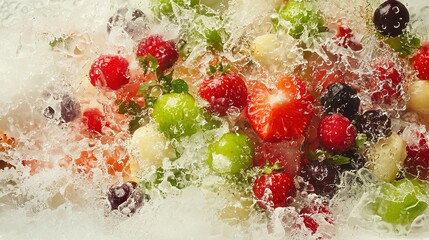 Poster -   A close-up of a fruit salad with water splashing on it, featuring berries and raspberries at its center