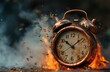 © MD Media - Concept of time passing away as we approach the end of times, the rusty copper clock breaks down into dust fire and pieces. Time is running out, hurry, buy now, closing, soon. Apocalypse