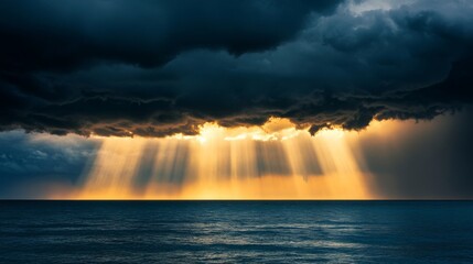 Sticker - Sunbeams Shining Through Dark Clouds Over Calm Ocean