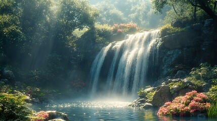 Poster - Serene Waterfall in a Lush Forest - Nature Photography