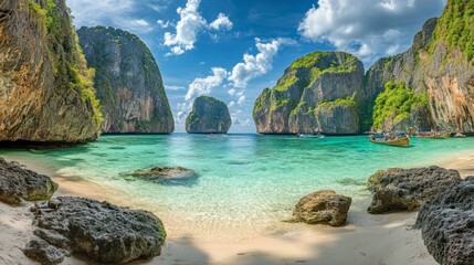 The iconic Maya Bay on Koh Phi Phi, known for its clear waters and towering cliffs.