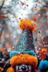 Wall Mural - A colorful clown celebrates at a lively street festival filled with confetti and joy