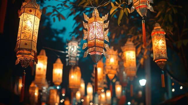 The intricate designs and bright colors of the paper lanterns hanging above Chiang Mai streets during the Yi Peng Festival.