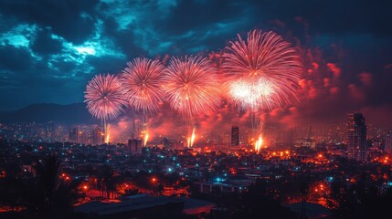 Fireworks Display Over Cityscape