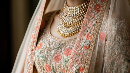 A close-up of an elegant bridal lehenga, adorned with intricate embroidery, alongside ornate bridal jewelry in gold.