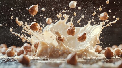 Canvas Print -   Milk pouring down with almonds scattered