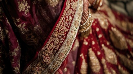 A deep red and gold bridal dress, richly embroidered with stunning craftsmanship, displayed with traditional wedding jewelry.