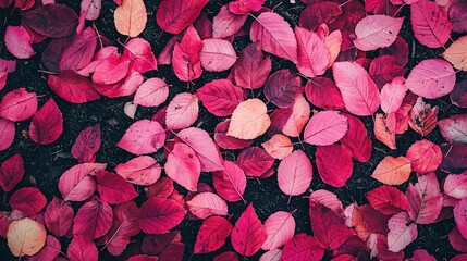   A field of mixed green and red leaves, with clusters of bright red and pink leaves scattered on top